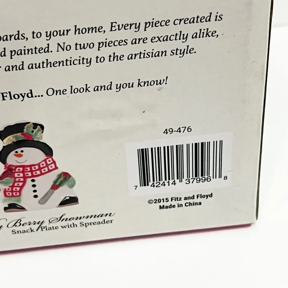 Fitz & Floyd Holly Berry Snowman Snack Plate with Box 7